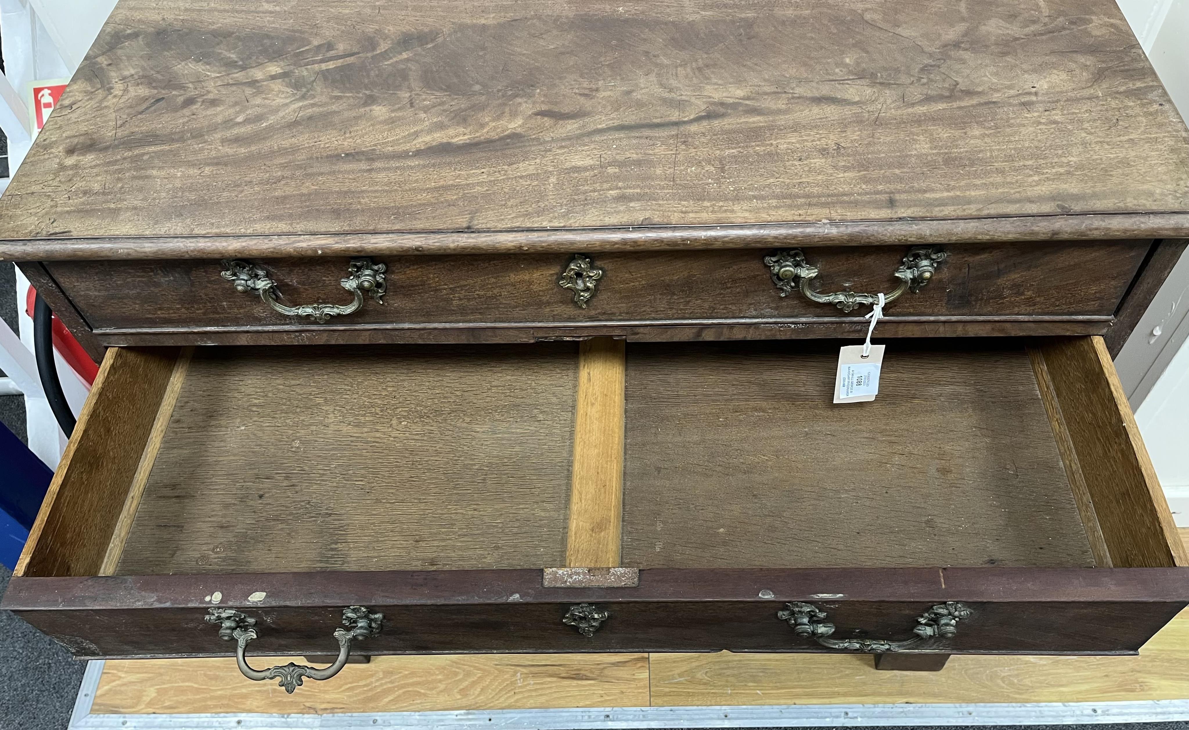 A small George III mahogany five drawer chest, width 91cm, depth 55cm, height 84cm. Condition - in need of restoration